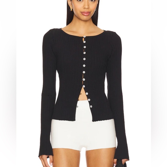 Free People Sweaters - Free People Black Tilly Ribbed Button Up Long Sleeve Top M